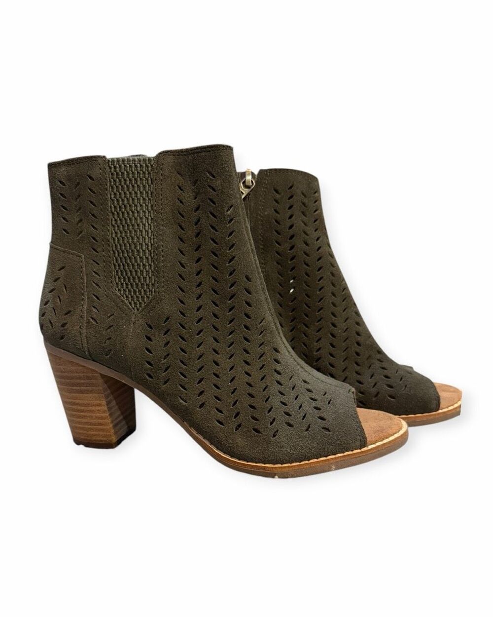 TOMS Majorca Peep Toe Booties Tarmac Olive Suede Block Heel Size 6.5